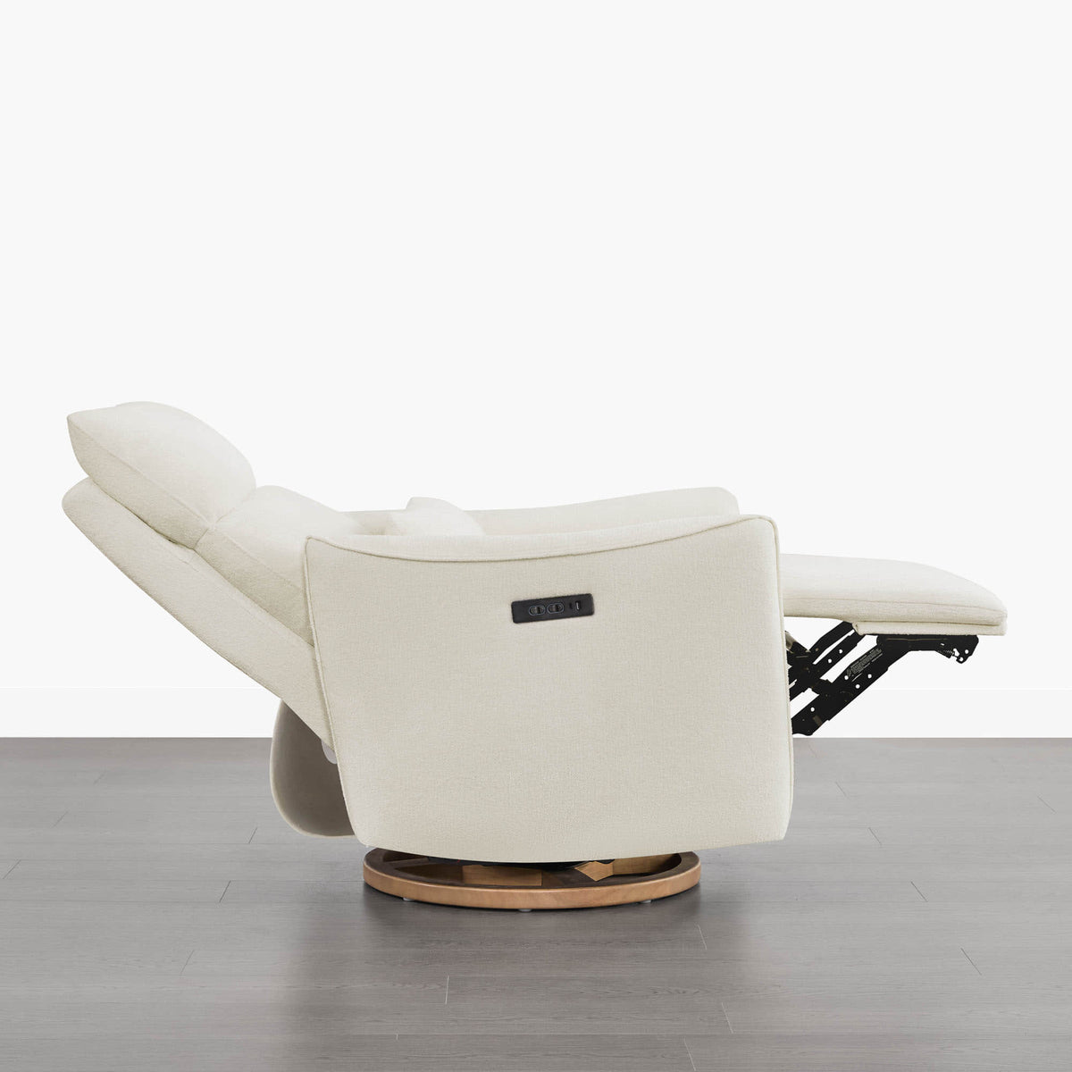 Janice Power Swivel Nursery Glider Recliner, modern and comfortable furniture with power headrest, ivory fabric and wood base