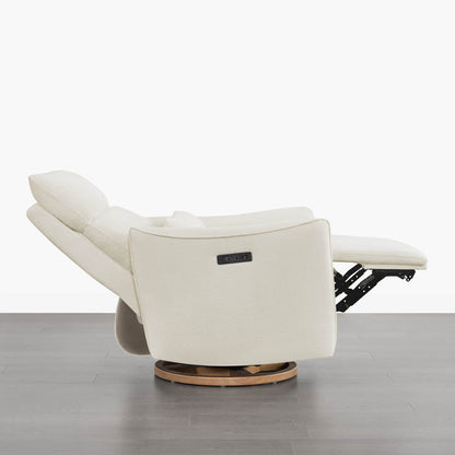 Janice Power Swivel Nursery Glider Recliner, modern and comfortable furniture with power headrest, ivory fabric and wood base