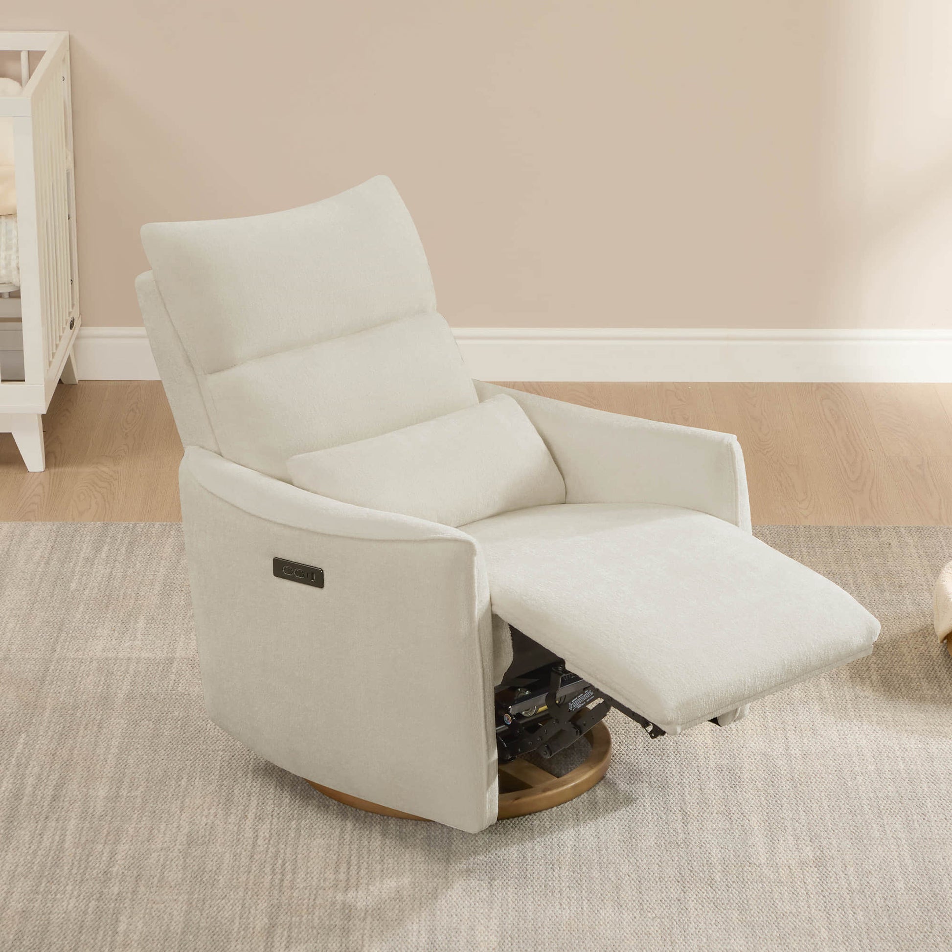 White Janice Power Swivel Nursery Glider Recliner with Power Headrest in nursery setting, modern furniture