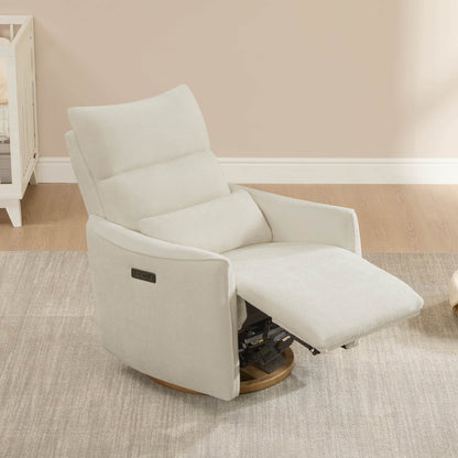 White Janice Power Swivel Nursery Glider Recliner with Power Headrest in nursery setting, modern furniture