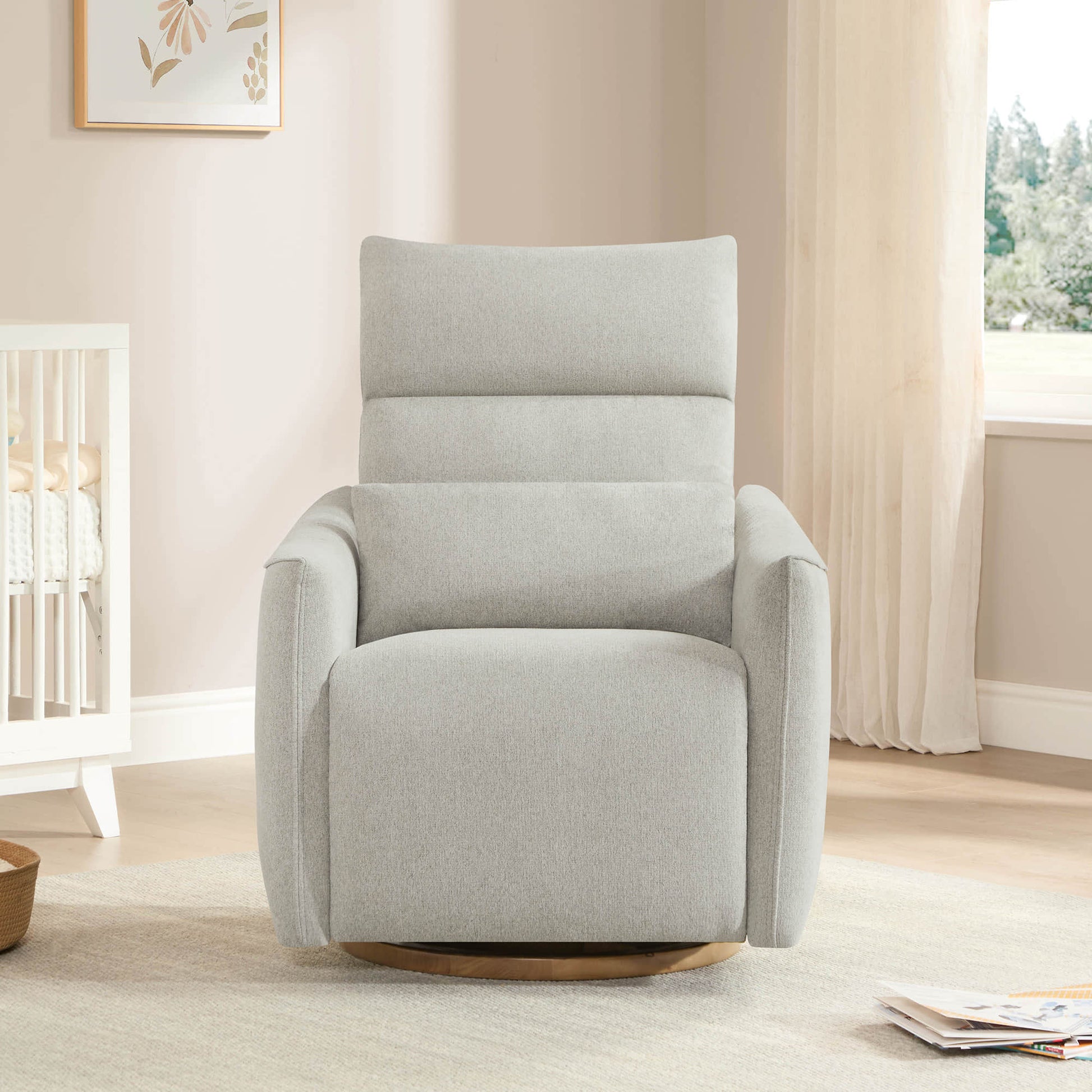 Janice Power Swivel Nursery Glider Recliner, gray fabric with wood base, modern nursery furniture