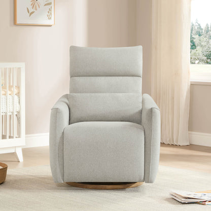 Janice Power Swivel Nursery Glider Recliner, gray fabric with wood base, modern nursery furniture