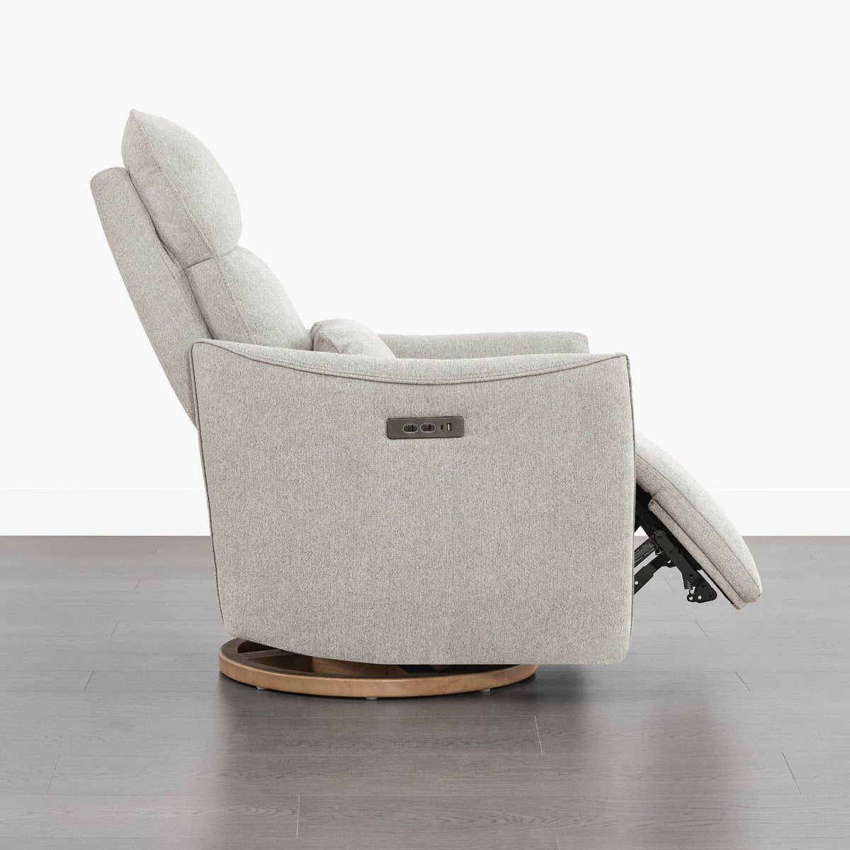 Janice Power Swivel Recliner, light gray fabric, power headrest, modern nursery furniture