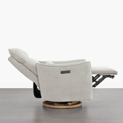 Janice Power Swivel Recliner, light gray fabric, power headrest, modern nursery furniture, extended footrest detail