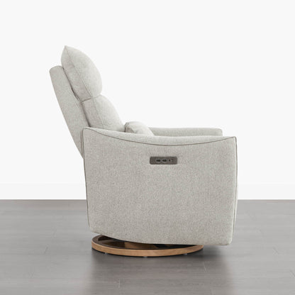 Janice Power Swivel Nursery Glider Recliner, gray fabric, power headrest, modern nursery furniture