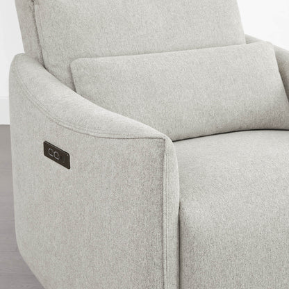 Janice Power Swivel Recliner detail, light grey fabric, power headrest, modern nursery furniture