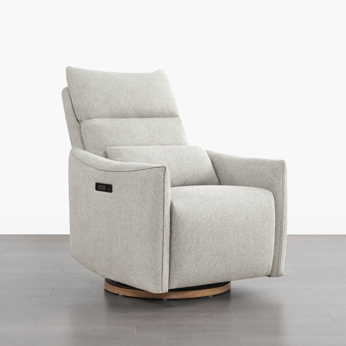 Janice Power Swivel Nursery Glider Recliner in light grey fabric with power headrest and wooden base