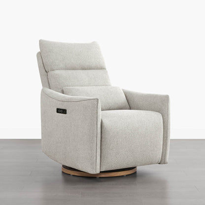 Janice Power Swivel Nursery Glider Recliner in light grey fabric with power headrest and wooden base