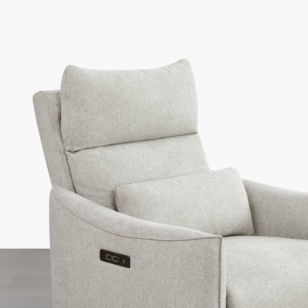 Janice Power Swivel Nursery Glider Recliner, Light grey fabric, power headrest detail, modern nursery furniture