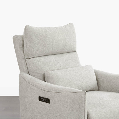Janice Power Swivel Nursery Glider Recliner, Light grey fabric, power headrest detail, modern nursery furniture