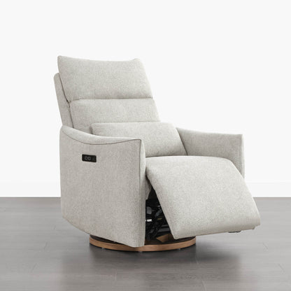 Janice Power Swivel Nursery Glider Recliner in light grey fabric with power headrest and wooden base, modern furniture