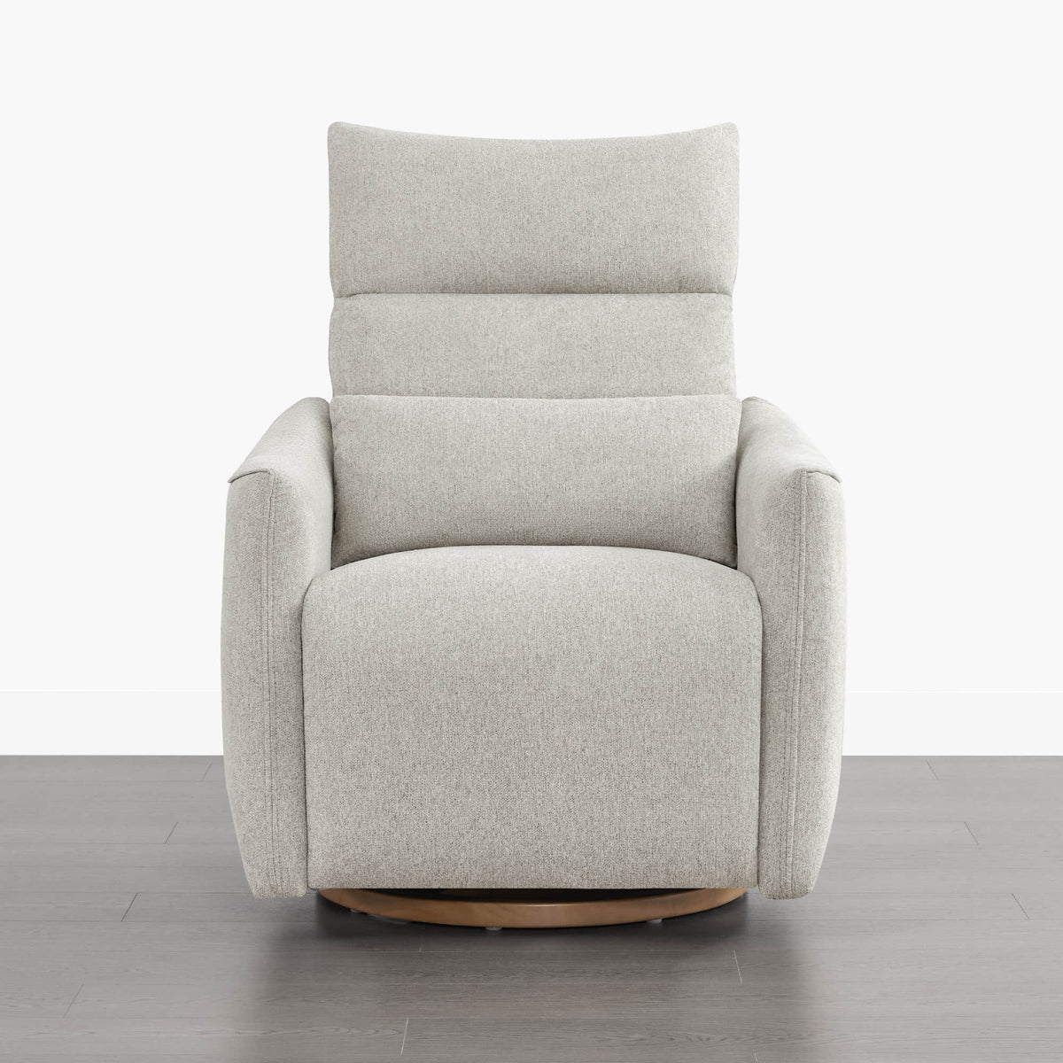 Janice Power Swivel Nursery Glider Recliner in light grey fabric, power headrest detail.
