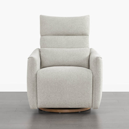 Janice Power Swivel Nursery Glider Recliner in light grey fabric, power headrest detail.
