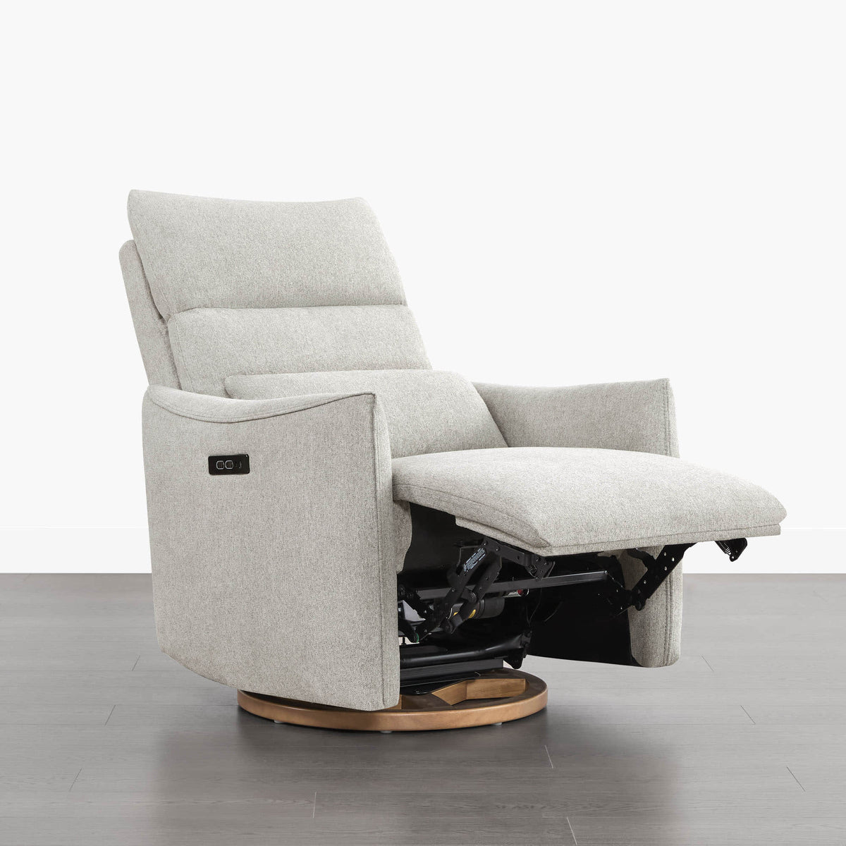 Light grey Janice Power Swivel Nursery Glider Recliner with extended footrest and power headrest, modern nursery furniture