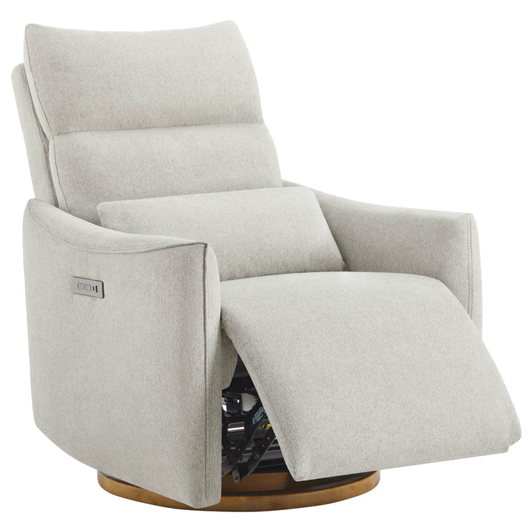 Janice Power Swivel Nursery Glider Recliner with Power Headrest, light grey fabric, wooden base, modern nursery furniture