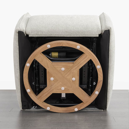 Janice Power Swivel Nursery Glider Recliner wooden base and swivel mechanism detail.