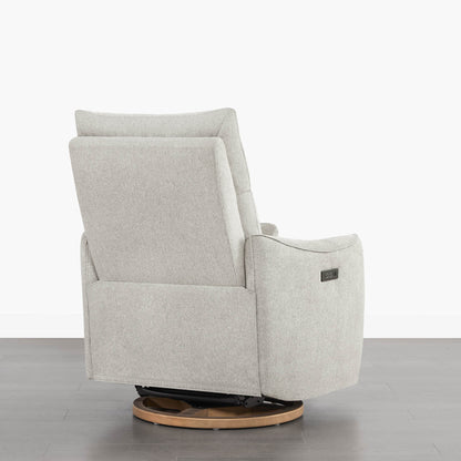 Light grey Janice Power Swivel Nursery Glider Recliner back view, wood base, power headrest, modern nursery furniture.