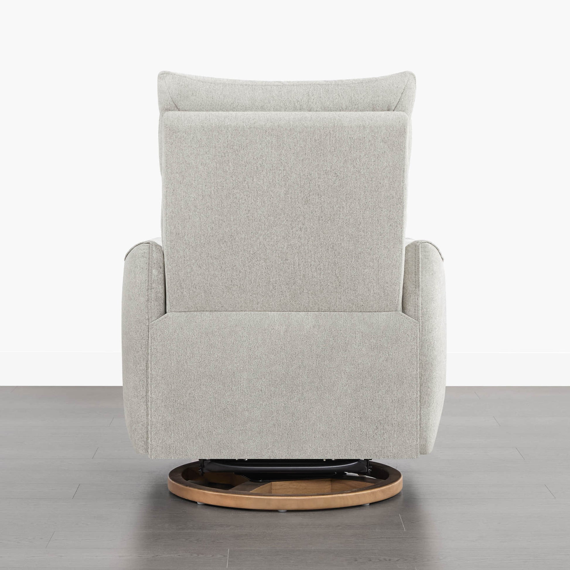 Janice Power Swivel Glider Recliner, light grey fabric, power headrest, modern nursery furniture, wooden base.