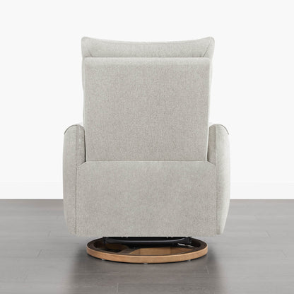Janice Power Swivel Glider Recliner, light grey fabric, power headrest, modern nursery furniture, wooden base.