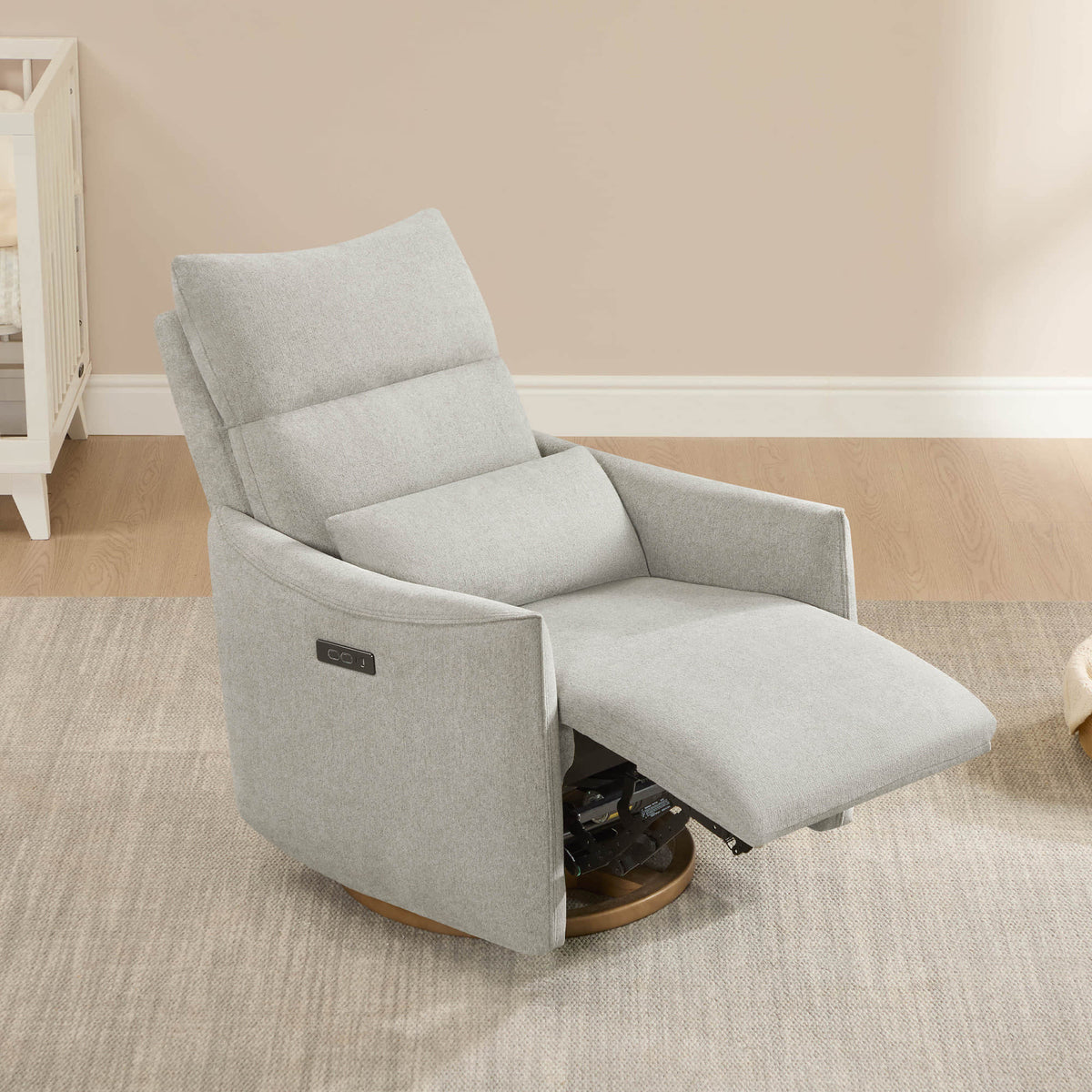 Light grey Janice Power Swivel Nursery Glider Recliner with power headrest extended, modern furniture
