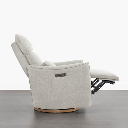 Light grey Janice Power Swivel Nursery Glider Recliner with power headrest and footrest extended, modern nursery furniture