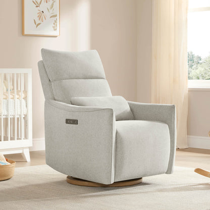Janice Power Swivel Nursery Glider Recliner in light grey fabric with power headrest, modern nursery furniture