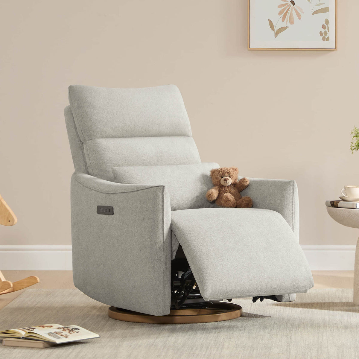 Janice Power Swivel Nursery Glider Recliner in light grey fabric with teddy bear, modern nursery furniture