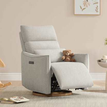 Janice Power Swivel Nursery Glider Recliner in light grey fabric with teddy bear, modern nursery furniture