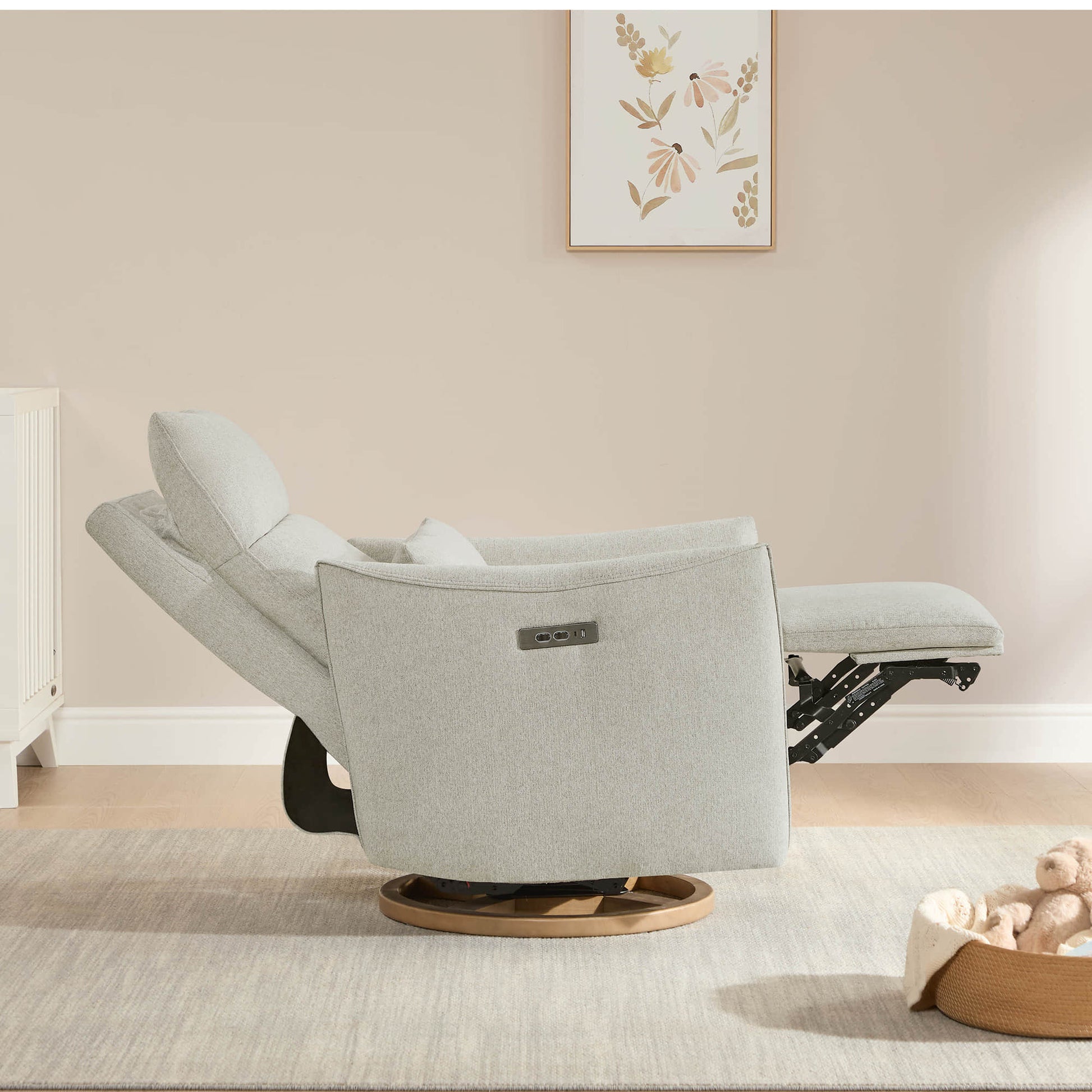 Janice Power Swivel Recliner in light grey fabric, extended footrest, modern nursery furniture