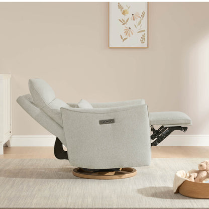 Janice Power Swivel Recliner in light grey fabric, extended footrest, modern nursery furniture