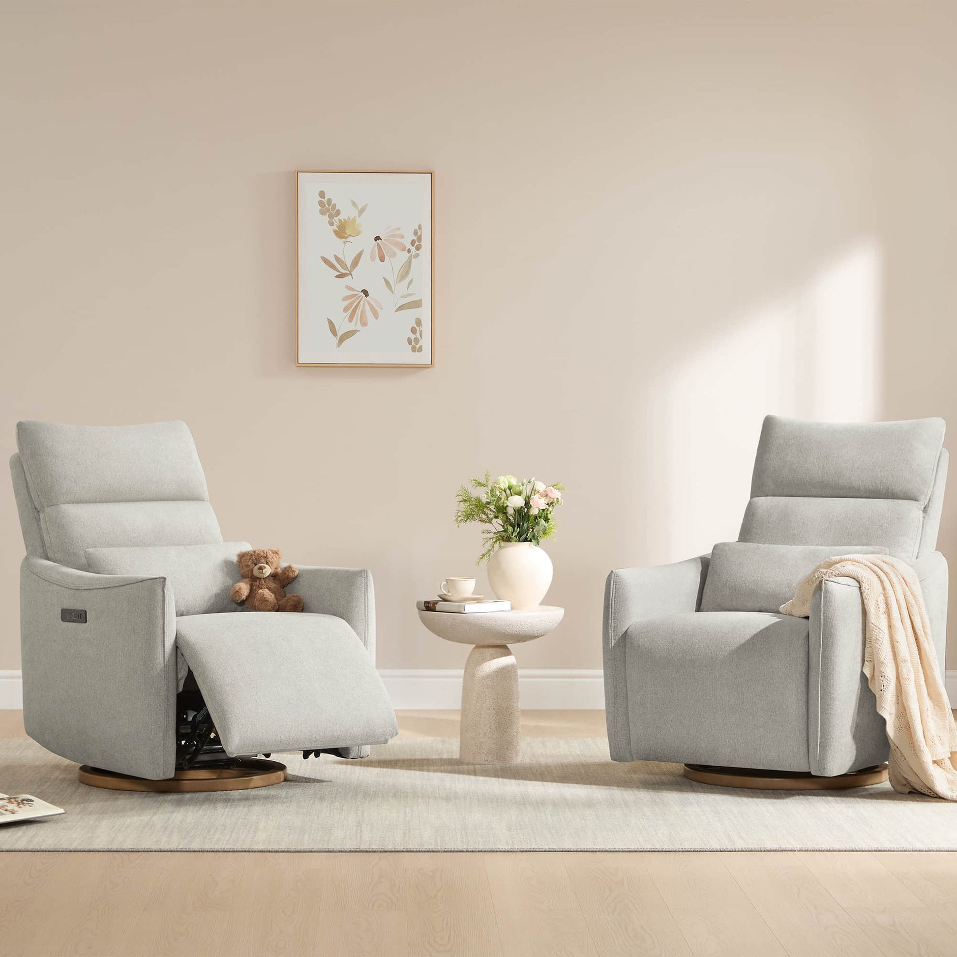Light grey Janice Power Swivel Nursery Glider Recliners, modern nursery furniture, power headrest, with teddy bear.