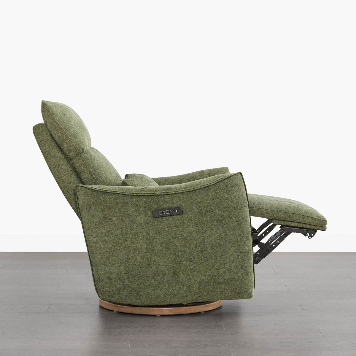 Green Janice Power Swivel Nursery Glider Recliner with power headrest and footrest extended. Modern nursery furniture.