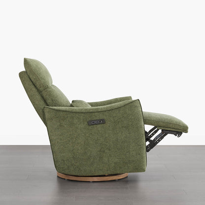 Green Janice Power Swivel Nursery Glider Recliner with power headrest and footrest extended. Modern nursery furniture.