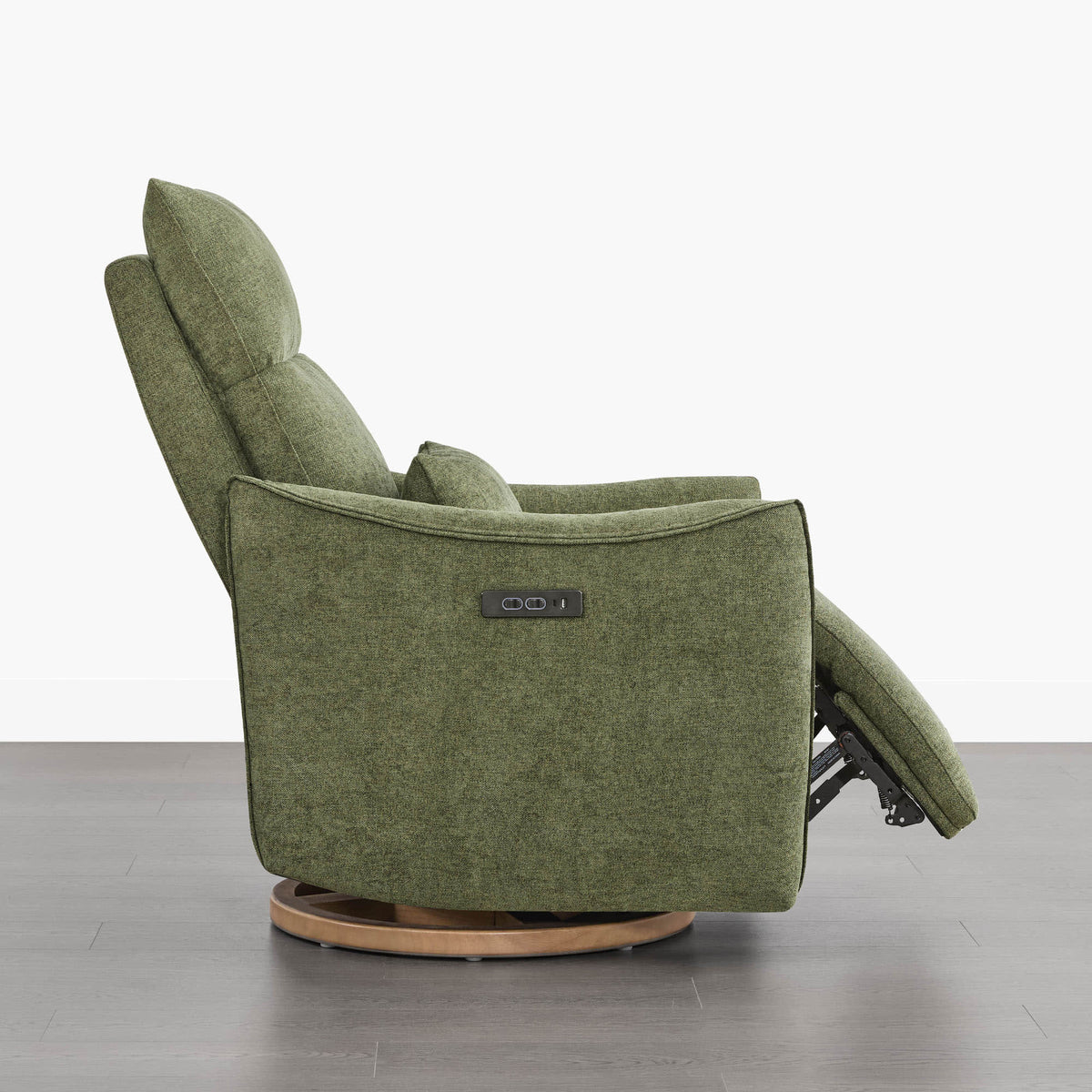 Green Janice Power Swivel Nursery Glider Recliner, modern nursery furniture, power headrest, swivel base, extended footrest