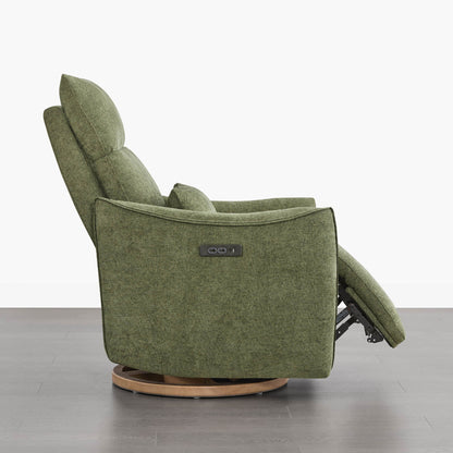Green Janice Power Swivel Nursery Glider Recliner, modern nursery furniture, power headrest, swivel base, extended footrest
