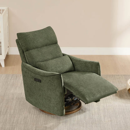 Green Janice Power Swivel Nursery Glider Recliner, modern nursery furniture with power headrest and wooden base