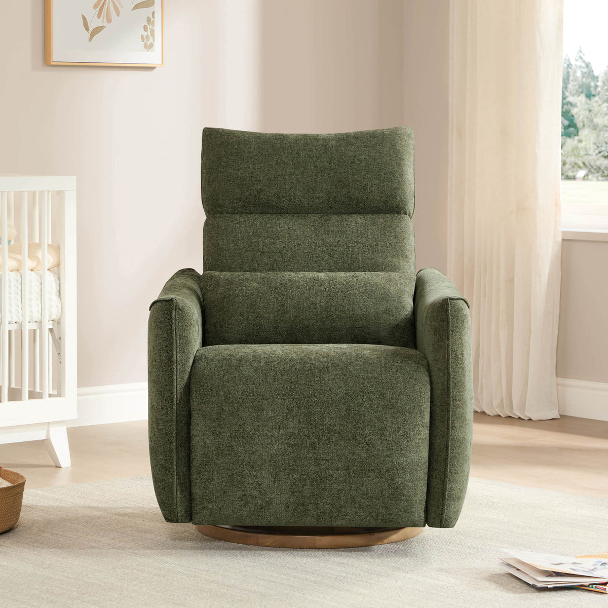 Green Janice Power Swivel Nursery Glider Recliner with power headrest in nursery setting, modern furniture