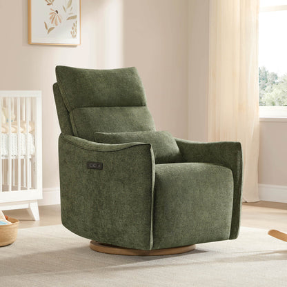 Green Janice Power Swivel Nursery Glider Recliner with power headrest in a nursery setting, modern and comfortable furniture.
