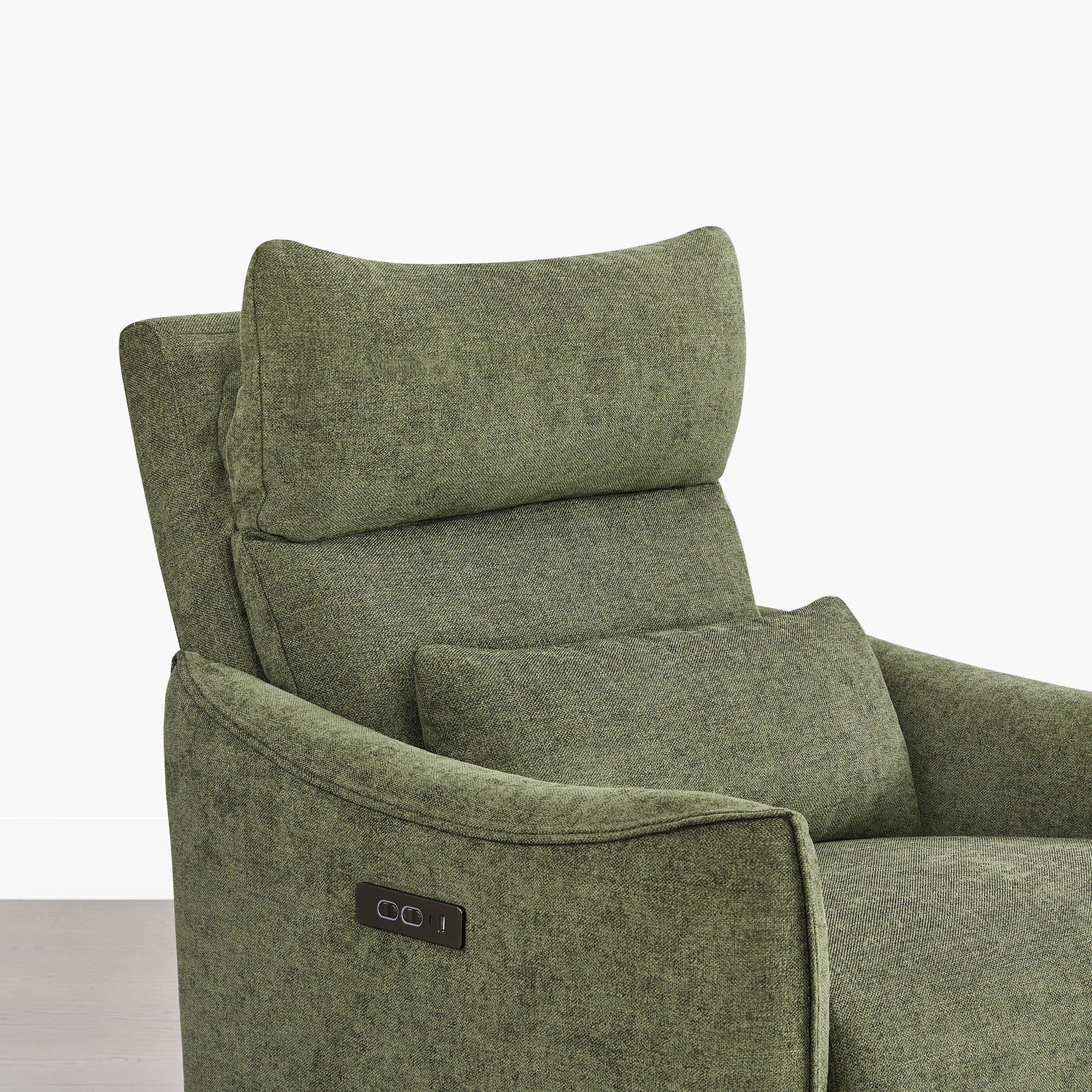 Janice Power Swivel Nursery Glider Recliner in Green Fabric, Power Headrest Detail