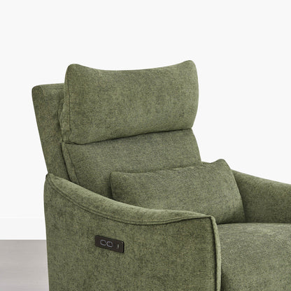 Janice Power Swivel Nursery Glider Recliner in Green Fabric, Power Headrest Detail