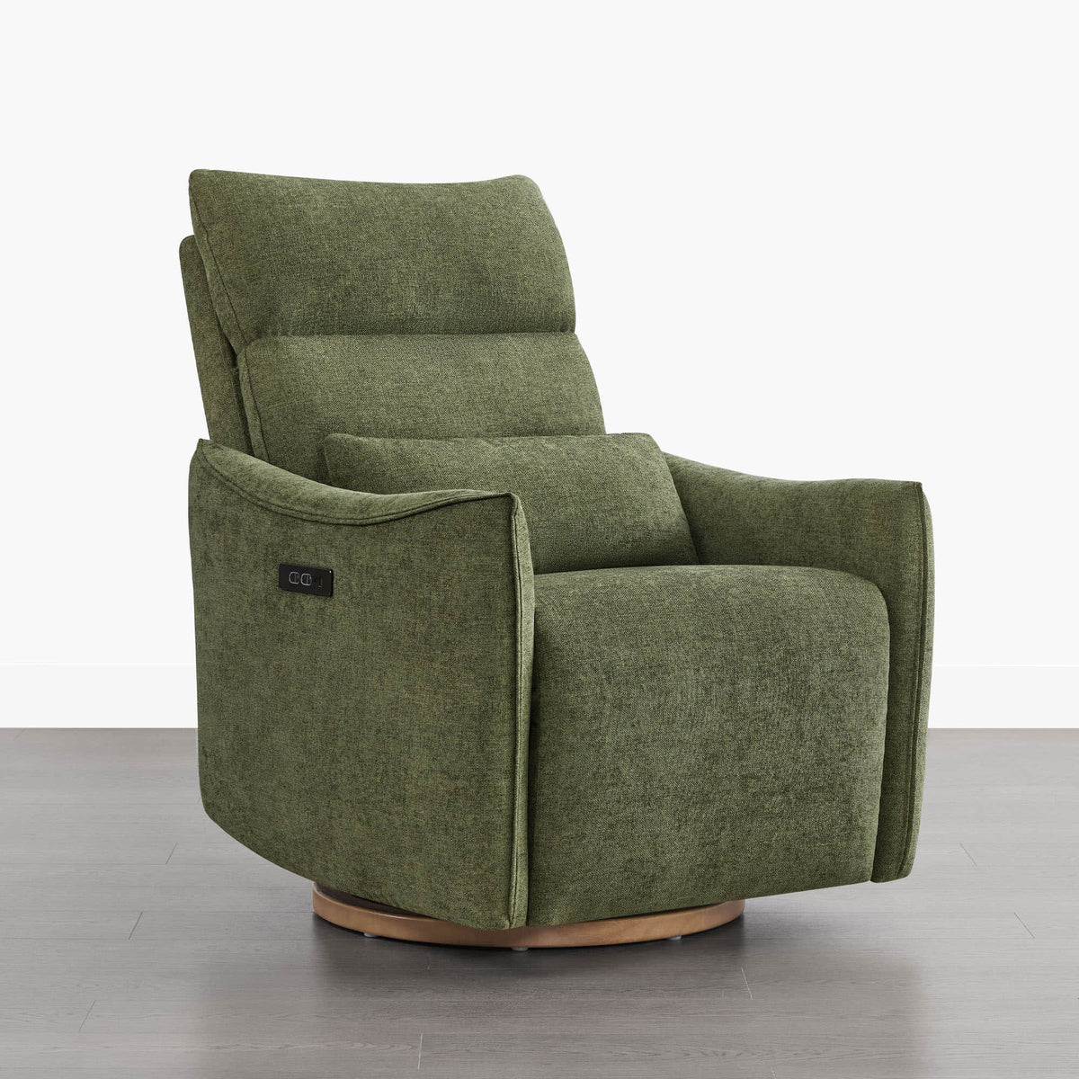 Green Janice Power Swivel Recliner, modern nursery furniture, power headrest, wooden base