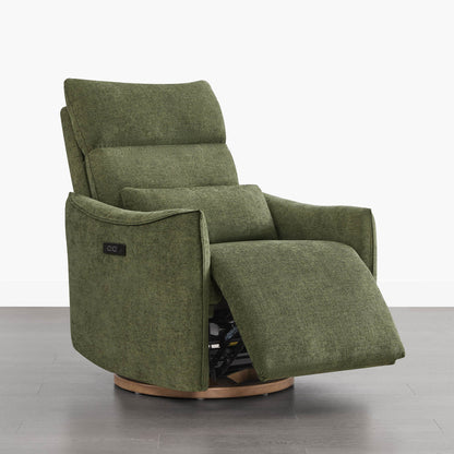 Green Janice Power Swivel Recliner, power headrest, modern nursery furniture, wood base, comfortable