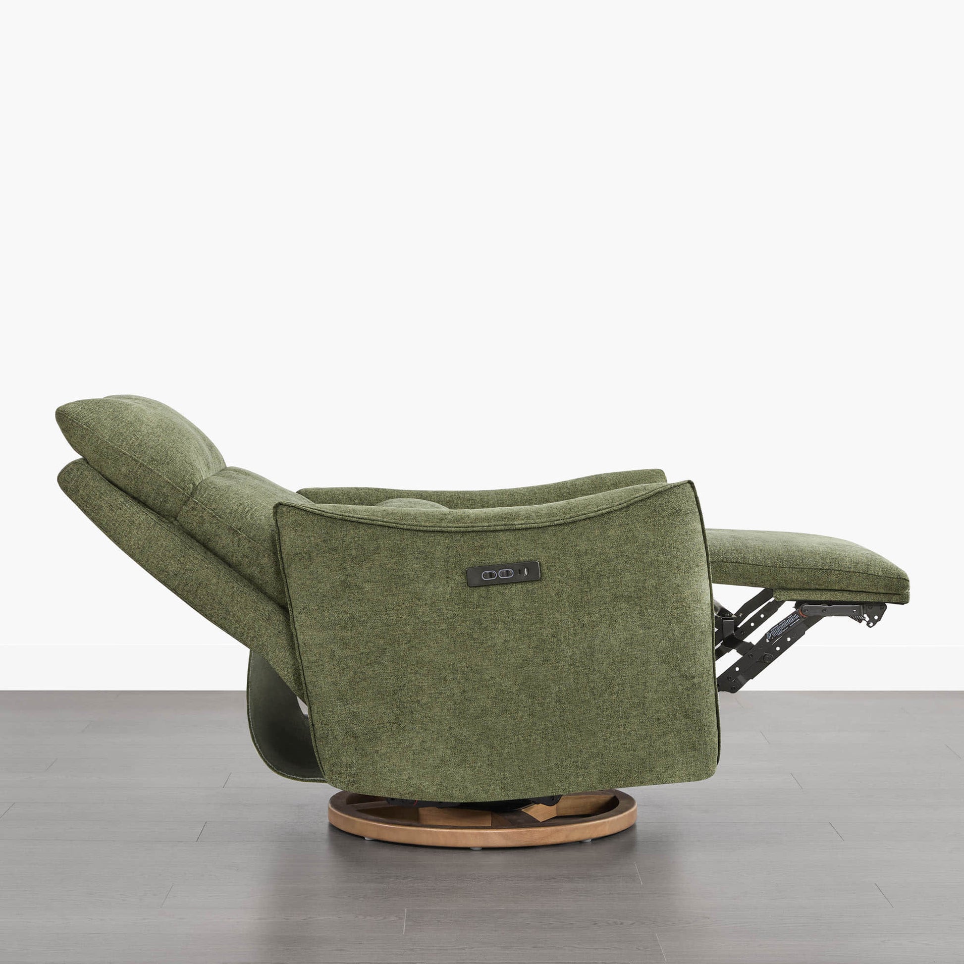Green Janice Power Swivel Nursery Glider Recliner, power headrest and footrest extended, modern nursery furniture