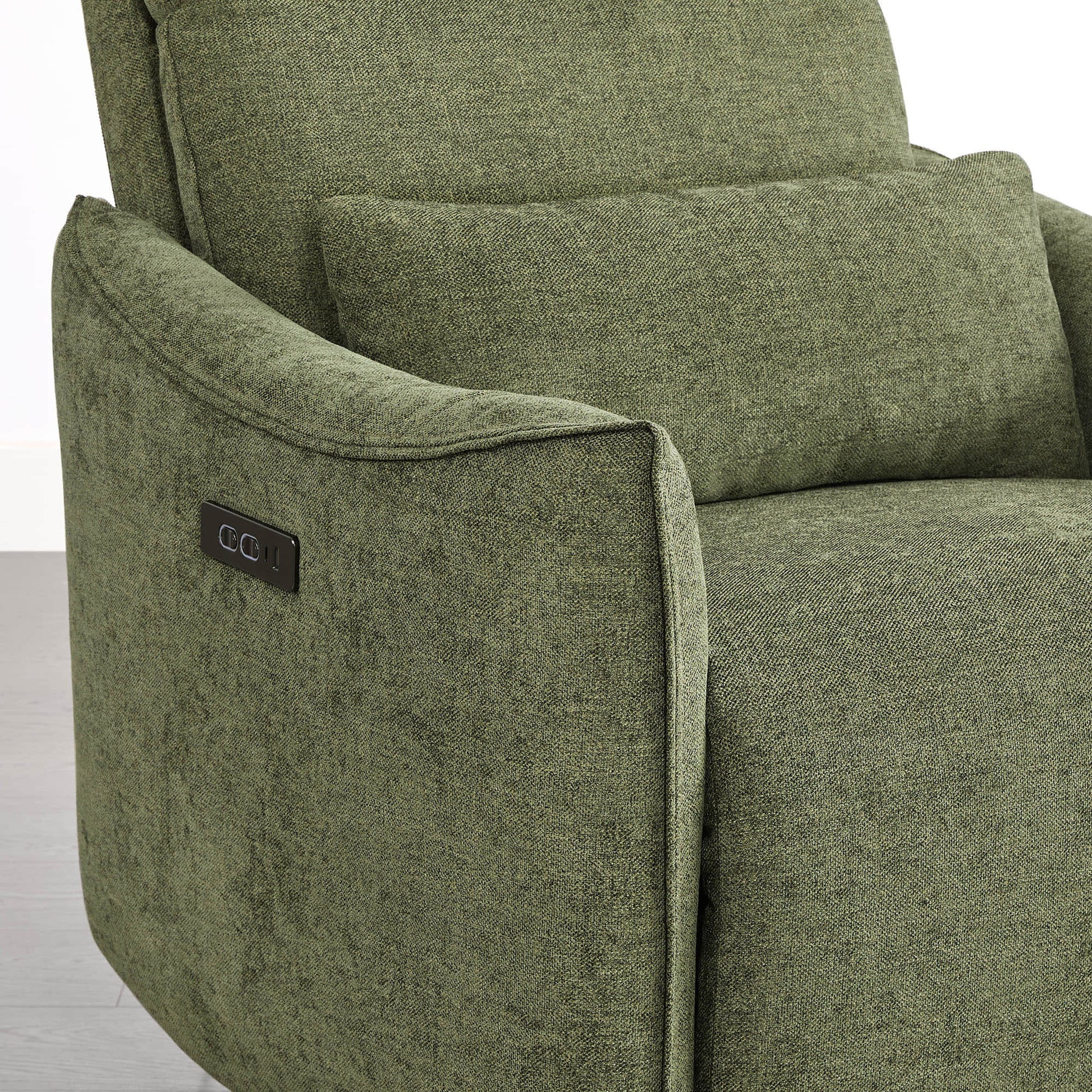 Janice Power Swivel Nursery Glider Recliner in green fabric, with power headrest and USB port