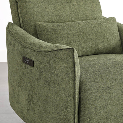 Janice Power Swivel Nursery Glider Recliner in green fabric, with power headrest and USB port