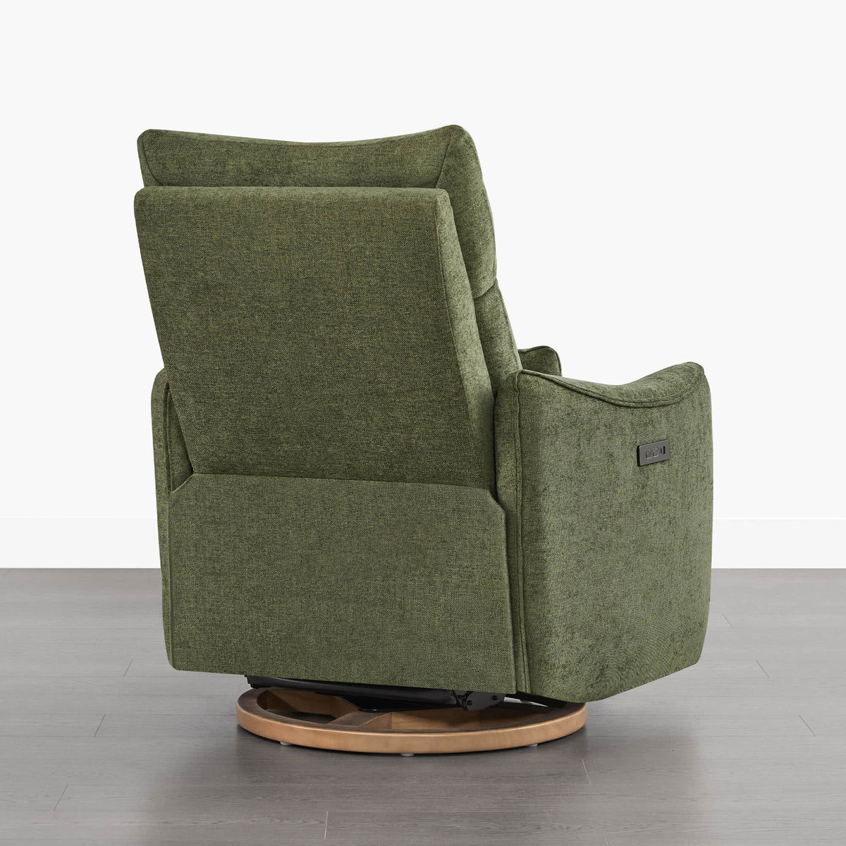 Green Janice Power Swivel Nursery Glider Recliner, rear view, showcasing wooden base and power headrest
