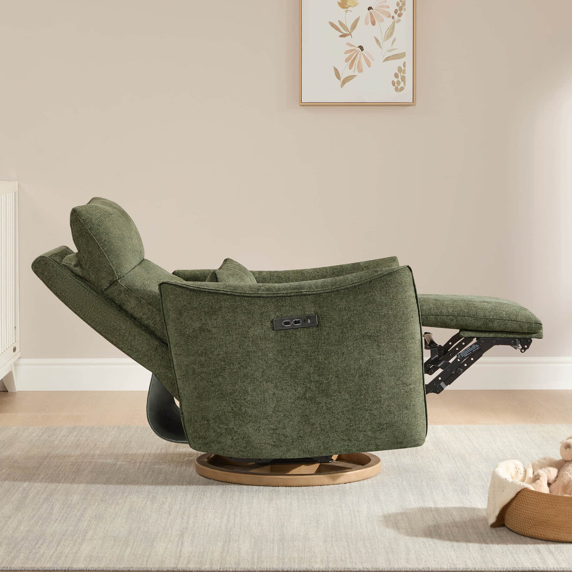 Green Janice Power Swivel Nursery Glider Recliner with power headrest and footrest extended, modern furniture