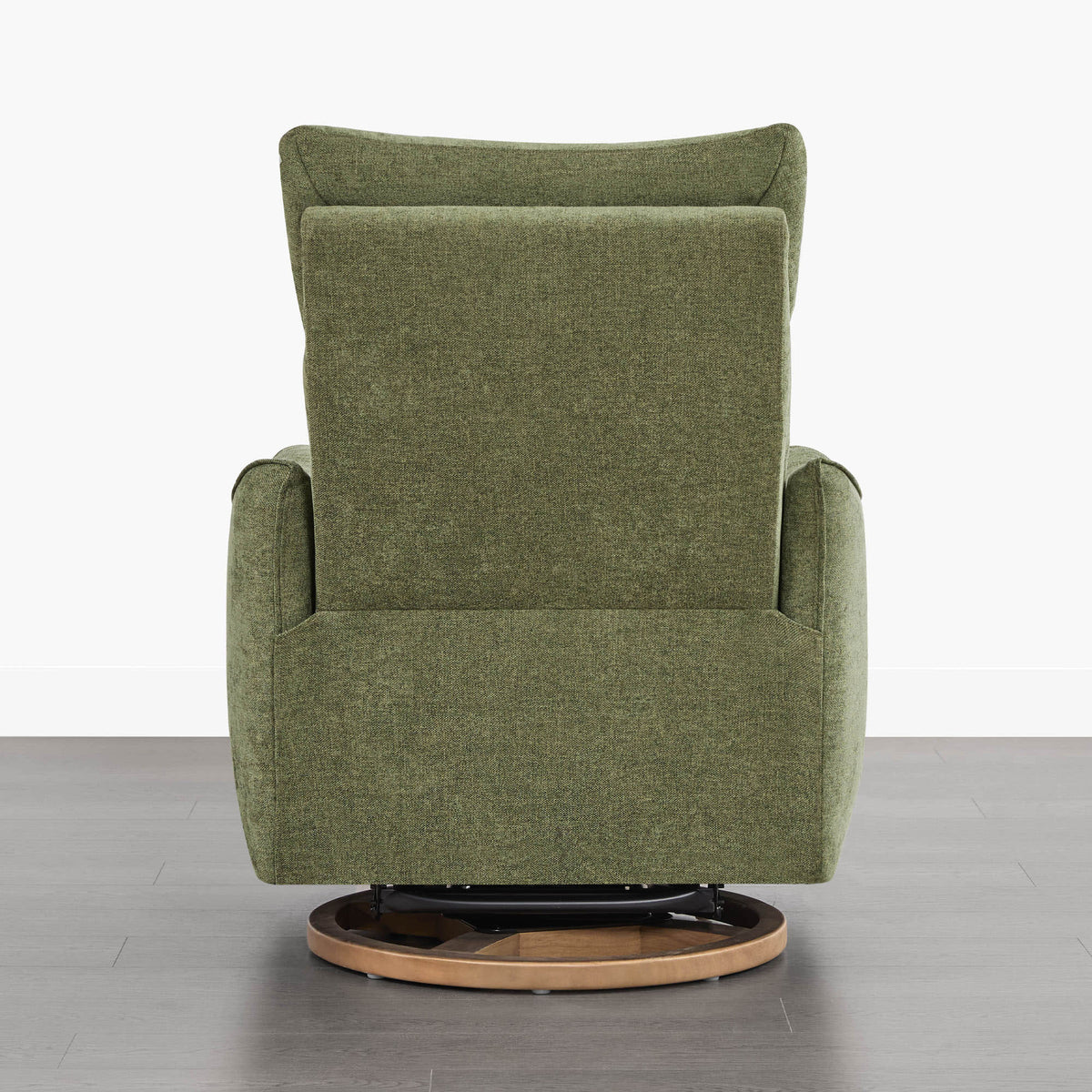Rear view of Janice Power Swivel Nursery Glider Recliner in green fabric, wooden base, modern nursery furniture