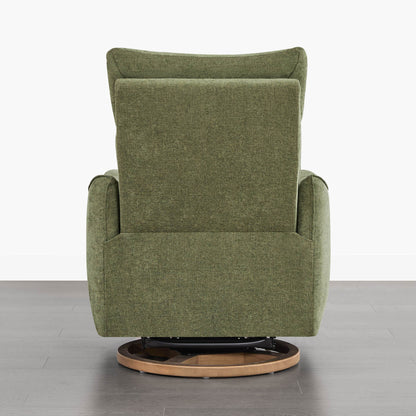 Rear view of Janice Power Swivel Nursery Glider Recliner in green fabric, wooden base, modern nursery furniture