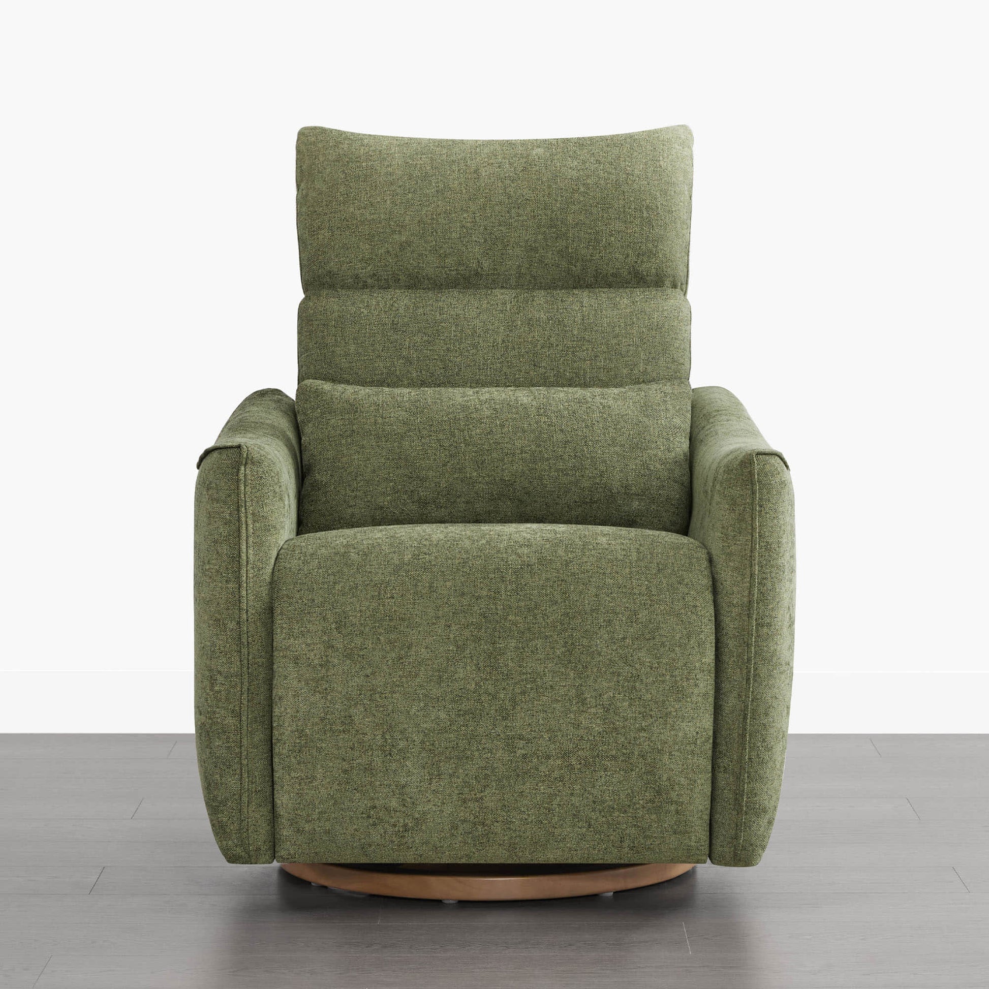 Green Janice Power Swivel Nursery Glider Recliner, modern furniture with power headrest and swivel base.